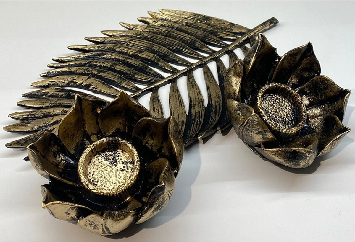 Dekoratif Polyester İkili Çınar Yaprak Mumluk Gold Siyah Eskitme