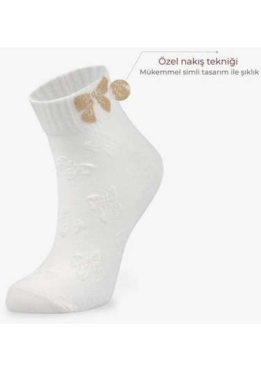 Bolero 3'lü Simli Nakışlı Kısa Çorap Beyaz