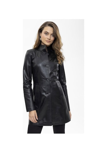 Care Siyah Düğmeli Dar Fit Kesim Astarlı Kısa Hakiki Kadın Deri Kaban-siyah Siyah