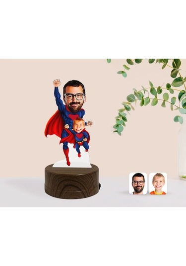 Kişiye Özel Süper Baba Ve Çocuk Karikatürlü Dekoratif 3D Biblo Le