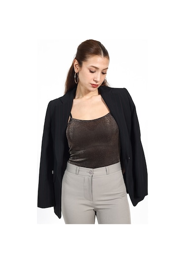 Tampap Kadın Simli Askılı Bodysuit Atlet 5112- Bronz