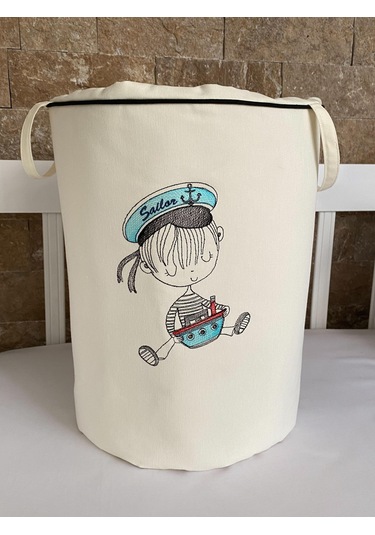 Hs Hometex Sailor Boy Nakışlı Bez Oyuncak & Kirli Sepeti Krem