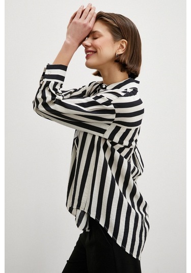 Never More Robalı Çizgili Gömlek Siyah