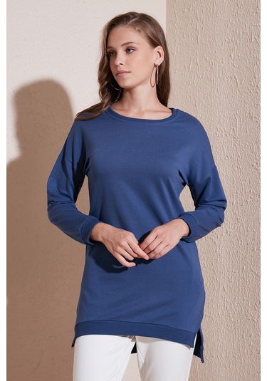 Lela Modest Pamuklu Bisiklet Yaka Oversize Fit Bayan Tunik 5864896 Indigo