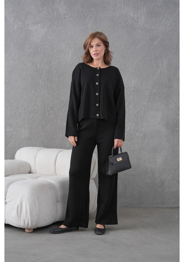Kadın Bisiklet Yaka Düğme Kapama Kaşkorse Ceket Pantolon İkili Triko Takım Siyah