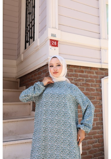 Çiçek Desenli Viskon Elbise - Açık Mavi / E0128 Açık Mavi