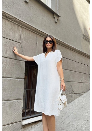 Ekru Kısa Kol, Polo Yaka, Dokulu Kumaş, Basic Kalıp/kesim, Aerobin Rahat Midi Elbise Ekru