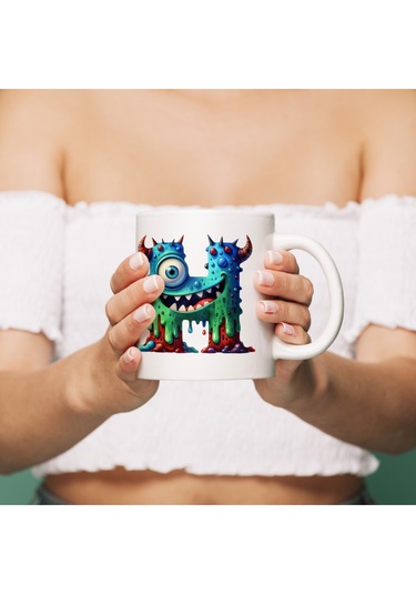 H Harfi Bardak, Sevimli Canavarlar Harflı Bardak Hediyesi Porselen Beyaz