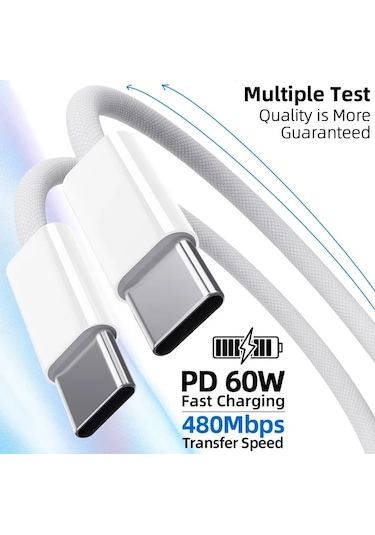 Honeybeeshop 60w Usb C Şarj Kablosu 5 Adet Beyaz Örgülü 100 58cm iPhone Uyumlu 16 Pro Max iPad Uyumlu Samsung Galaxy Uyumlu İçin