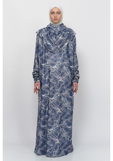 Pratik Tek Parça Ağaç Desenli Kollu Tak Çıkar Başörtülü Likralı Tesettür Namaz Elbisesi 990-0705 Lacivert Antrasit