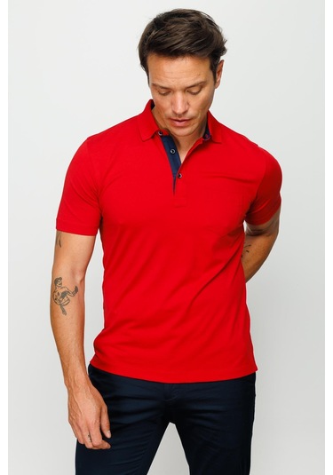 Erkek Polo Yaka Düğmeli Cepli T-shirt Kırmızı Kirmizi