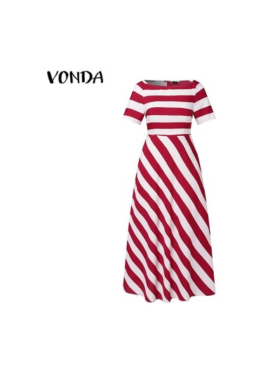 Vonda Kadın Yaz Yuvarlak Yaka Raglan Kısa Kollu Cep Çizgili Bol Uzun Elbise Koyu Mavi