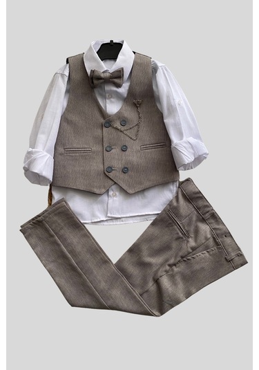 Zincir Detay Çift Düğmeli Erkek Çocuk Takım Elbise Gri Gri