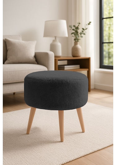 Yuvarlak Puf - 40cm - Welsoft Kumaş - Antrasit