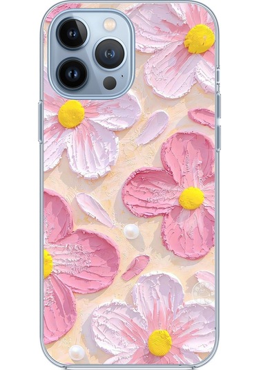 Apple Uyumlu iPhone 13 Pro Max  Pembe Beyaz Çiçekler Sulu Boya Baskılı Silikon Kılıf Renkli