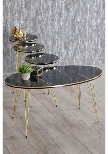 Zigon Sehpa Ve Orta Sehpa Elips Set Çift Gold Bendir Tel Ayak