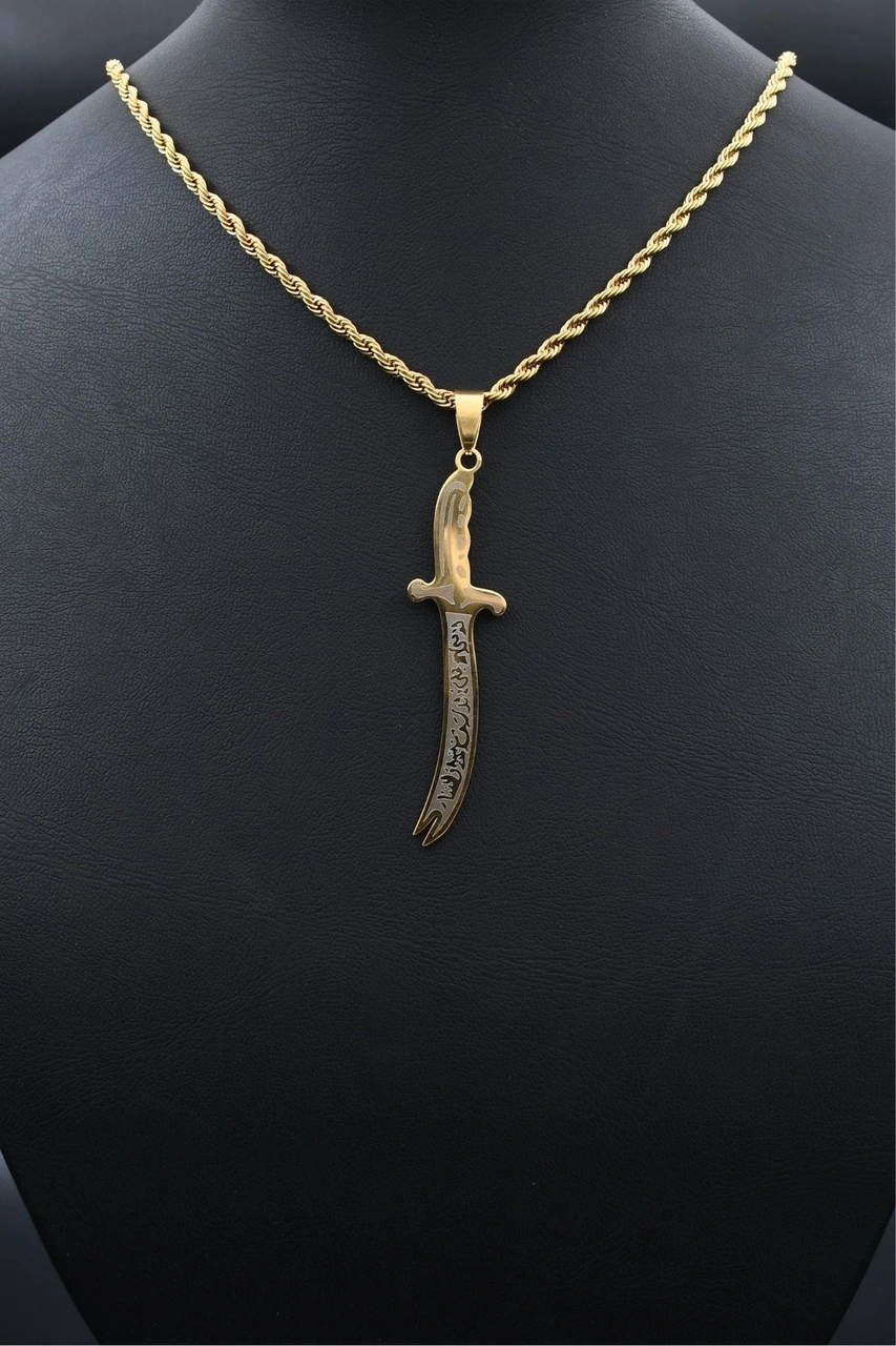 La Feta İlla Ali La Seyfe İlla Yazlı Zülfikar Kolye Paslanmaz Çelik Zincir Altın Kaplama 3mm 902308 Altın
