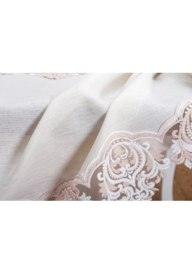 Finezza Laura Lüx Dantelli Simli Keten Kumaş Bej Masa Örtüsü  160x220 cm-1474
