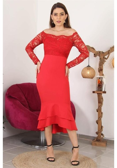 Dipmoda Kadın Yeni Sezon Eteği Kat Kat Dantel Detaylı Midi Abiye Elbise Swll03 Kırmızı