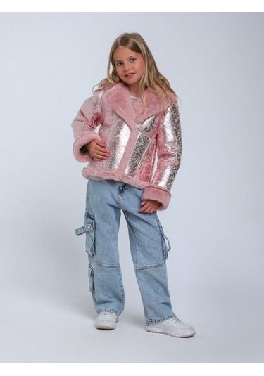 Kız Çocuk Parlak Kumaş İçi Peluş Detaylı Tasarım Mont-14266 Pembe