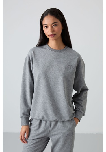 Tommy Life Gri Melanj Basic Pamuklu O Yaka Oversize Lastik Paça Kadın Eşofman Takım - 95287 GRİ MELANJ