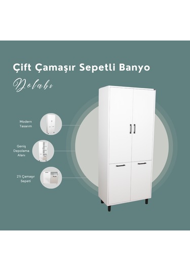 Çift Çamaşır Sepetli Banyo Dolabı Beyaz