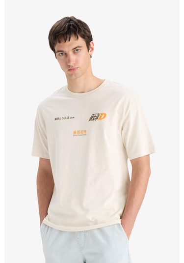 DeFacto %100 Pamuk Initial D Boxy Fit Bisiklet Yaka Sırt Baskılı Kısa Kollu Tişört F2877AX25SMER78