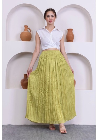 Kırışık Detaylı Etek 6034-yağ Yeşili Yağ Yeşili