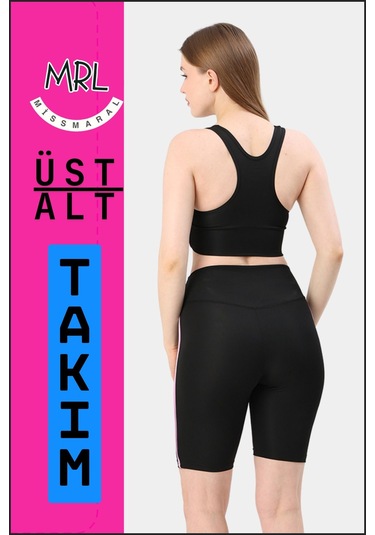 Kadın Siyah Takım Alt-üst Kısa Şort-tayt Ve Pedli Sporcu Büstiyer 2li Set Lila Biyeli Elt3043 Siyah Lila