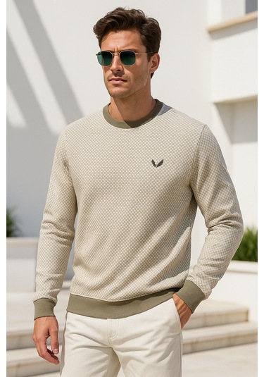 Rich Erkek Bej Kare Desenli Bisiklet Yaka Sweatshirt Bej