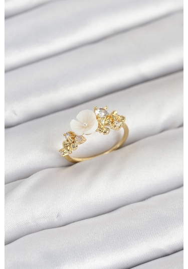 Pirinç Gold Renk Çiçek Model Zirkon Taşlı Kadın Yüzük Renkli