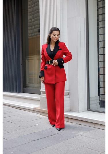 Gold Kemerli Garnili Kruvaze Takım Kırmızı Kırmızı