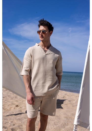 Bej Renk V Yaka Gömlek Şort Erkek Yıkamalı Keten Takım-1737 Bej