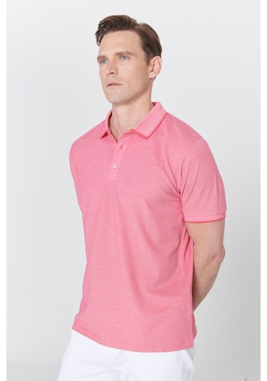 Ac&Co / Altınyıldız Classics 4A4820200047Fub3 Düğmeli Polo Yaka Cepsiz Slim Fit Erkek Tişört Fuşya - Beyaz Beyaz - Pembe