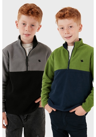 Lela Yumuşak Dokulu Yarım Fermuarlı Renk Bloklu Dik Yaka 2'Li Paket Çocuk Polar 5905004S2 Gri Siyah-Yeşil Lacivert