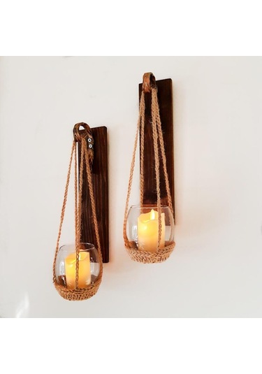 Ceviz Renkli, Led Mumlu Aplik 2’Li Set