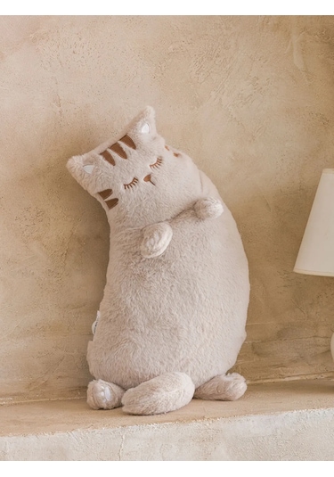 Bej Pelüş Dolgulu Kedi Bebek Kırlent 57 Cm