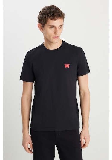 %100 Pamuk Regular Fit Normal Kesim Minimal Logo Siyah Tişört Black