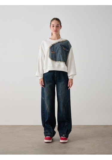 Kız Çocuk Mevsimlik Önü Denim Garni Cepli 3 İplik Sweatshirt-14773 Ekru