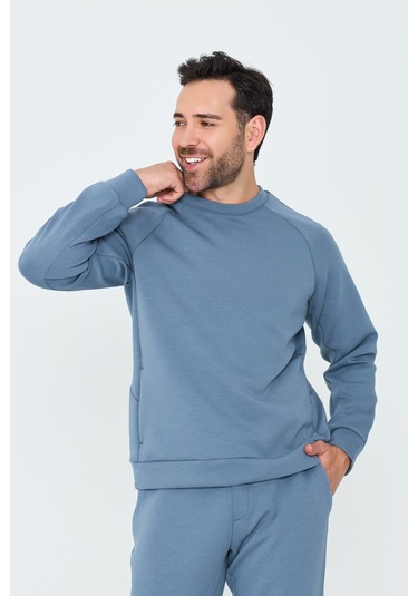 White Stone Mavi Pamuklu Erkek Basic Sweatshirt Blue