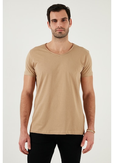 Buratti Pamuklu Slim Fit V Yaka Basic Erkek T Shirt 5412001 Vizon