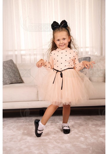 Kız Bebek-çocuk Uzun Kollu Doğum Günü Ve Özel Günler İçin Kalpli Tüllü Astarlı Elbise SOMON