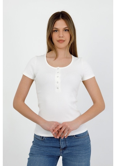 Hdm Kadın Esnek Fitilli Yakası Çıtçıtlı Ekru Kısa Kol Basic Örme Bluz - H5993