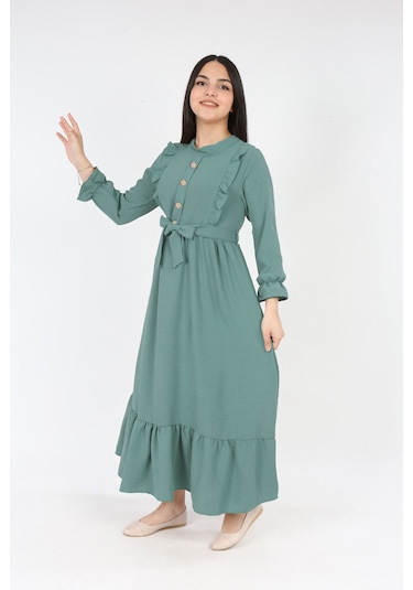 Kiz Cocuk Elbise Aerobin Keten Kumaş Tesettüre Uygun Uzun Boydan Cocuk Elbise Yonca Yeşili