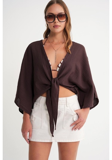 4723 Kadın Önü Bağlamalı Bolero Bluz Kahve Kahve