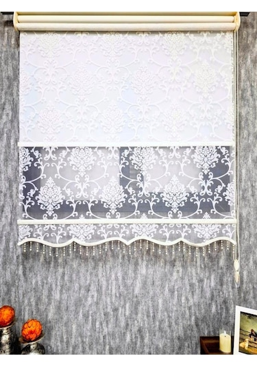 Bbb Simli Boncuklu Damask Desenli Çift Mekanizmalı Tül Stor Perde Ekru Mt1018sb Ekru