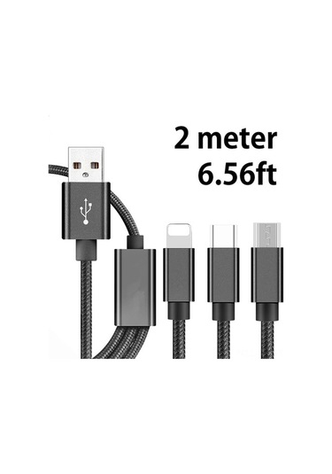 Sandwich 3 Cihazlı 2a Hızlı Şarj Kablosu - Type-c/lightning/micro-usb, 2m Nilon Dokuma, Siyah