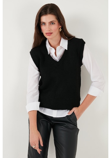 Lela V Yaka Örme Triko Bayan Süveter 4616105Y Siyah