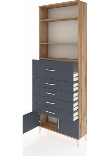 Arges Dolap 3 Raflı 5 Çekmeceli 2 Kapaklı 88x30x243 Çam-antrasit Atlas Çam
