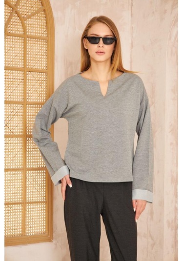 Kadın Ekstra Uzun Duble Kol / Yakası Yırtmaçlı Salaş Sweatshirt Bluz 3470190 Gri